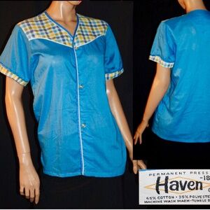VTG 50s 60s Hairdresser/Cafeteria Retro Cotton Blue & Plaid Button Up Top~18